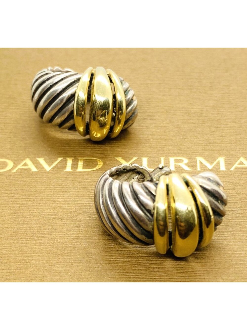 David Yurman 925 Sterling & 14K Gold Two-Tone Cable Shrimp Huggie Earrings 1"